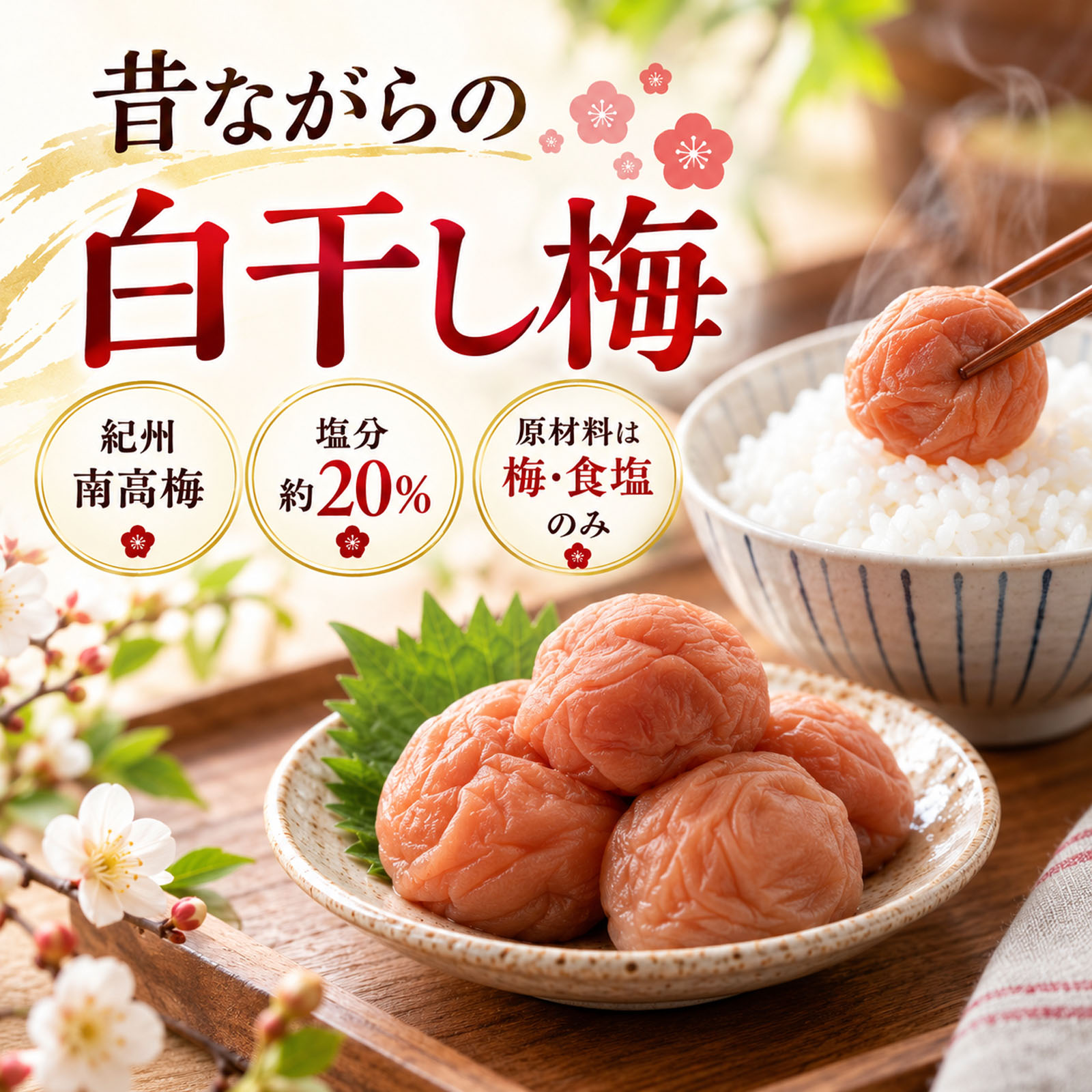 紀州南高梅を塩だけで漬けた昔ながらの白干し梅の特徴
